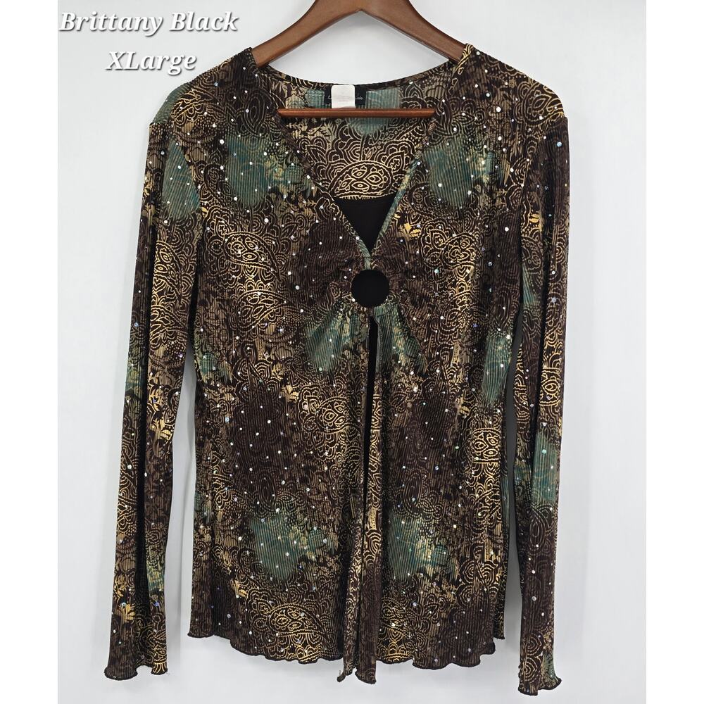Brittany Black XL Paisley Sequin O Ring Split Front Boho Y2K Blouse